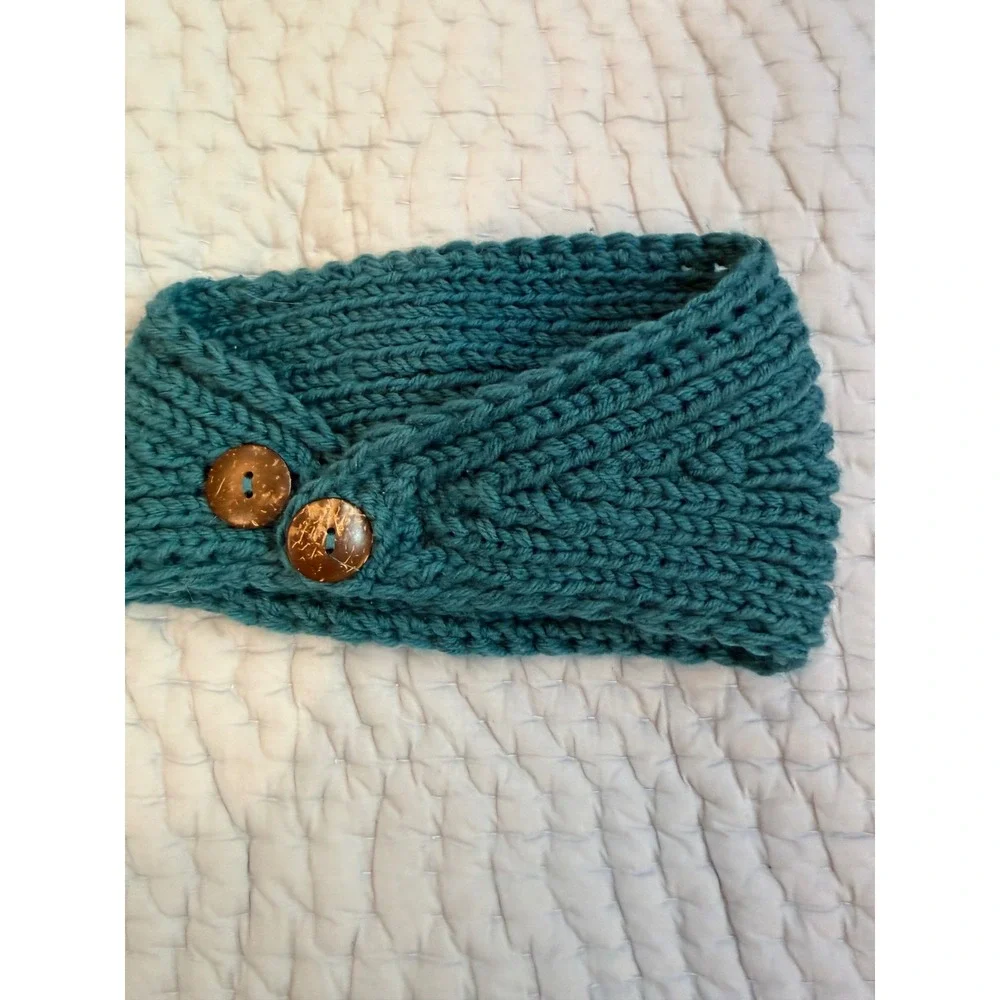 D&Y Teal Knit Ear Warmer Headband Feather Flower Beaded Winter Boho